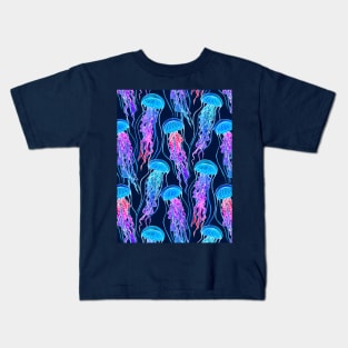 Luminescent Rainbow Jellyfish on Navy Blue Kids T-Shirt